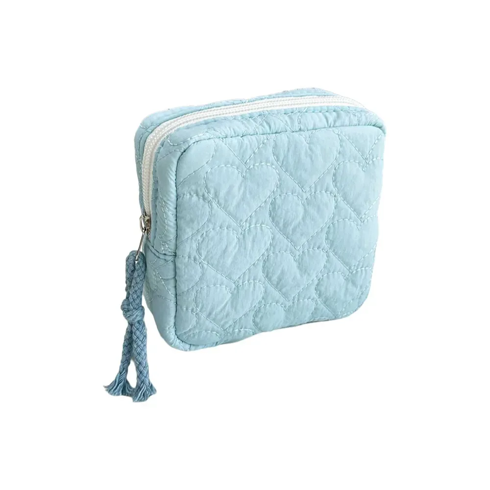 sac cosmétique portable à fermeture éclair, compact, en tissu doux, pochette de voyage pour articles de toilette, motif cœur carré, mini pochettes de maquillage pour voyage.