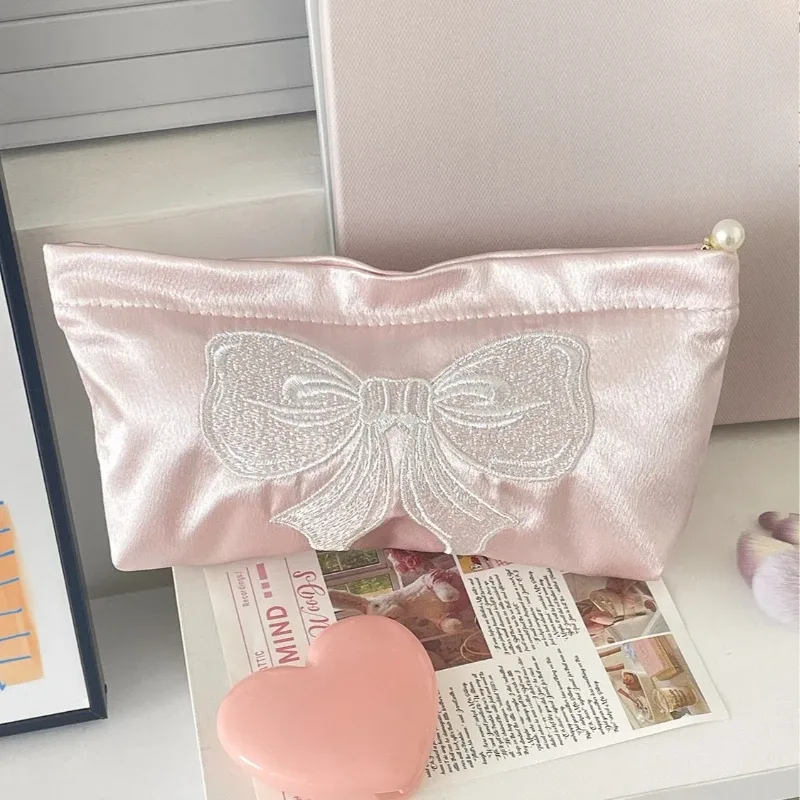 sac à cosmétiques avec nœud rose, fermeture éclair, organisateur de toilette brodé mignon, sacs de maquillage multifonctionnels pour femmes, rouge à lèvres, clé, porte-monnaie
