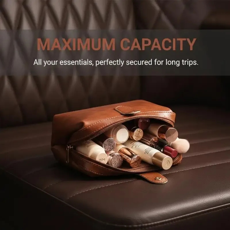 porte-monnaie à boutons de couleur unie pour filles, sac à cosmétiques en cuir pu vintage à la mode pour femmes, trousse de maquillage de grande capacité, étanche, 1 pièce