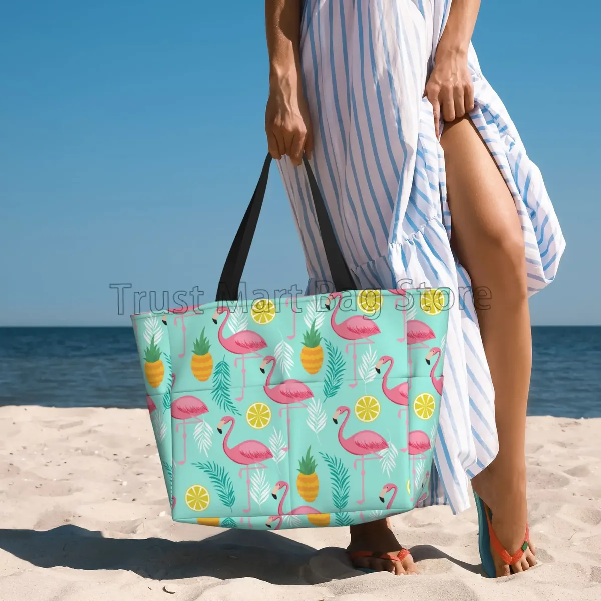 grand sac fourre-tout de plage imprimé flamant rose pour femmes, sac de voyage portable, sac de piscine étanche et résistant au sable pour la natation, la salle de sport, les vacances d'épicerie