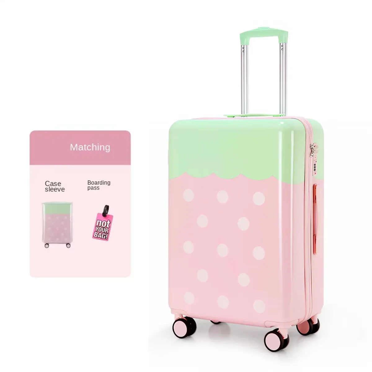 valise fraise 2026 nouveau ensemble de bagages à roulettes en pc, valises de voyage robustes et durables pour étudiants, bagages 20/24/26 pouces pour femmes