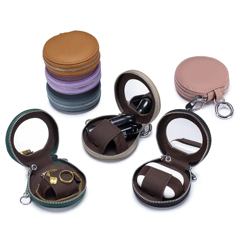 Sac de rangement rond en cuir véritable pour femmes, sac rond pour rouge à lèvres souple, sac pour écouteurs avec miroir, sac porte-clés pendentif de grande capacité