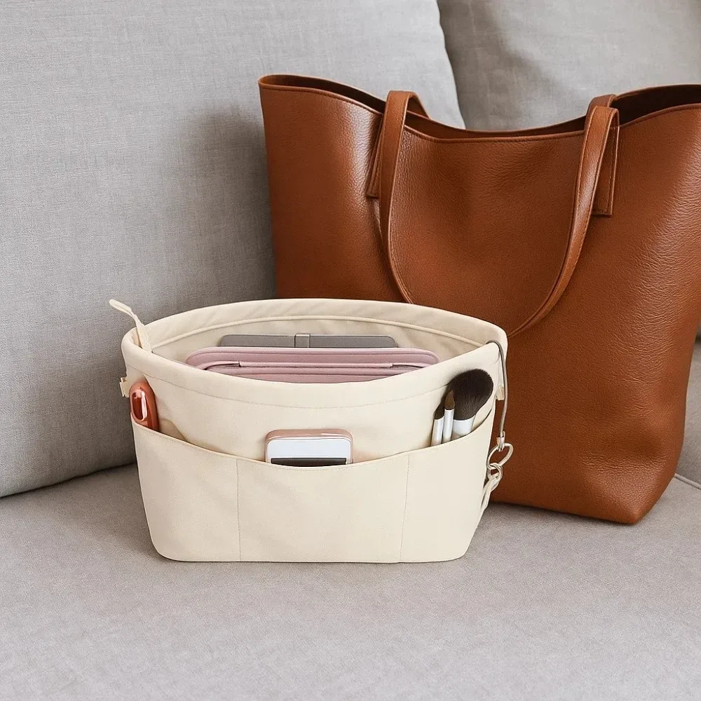 sac de rangement vintage pour cosmétiques avec fermeture éclair, sac à main multifonctionnel multi-poches, sacs de rangement de couleur unie, sac intérieur pour femmes