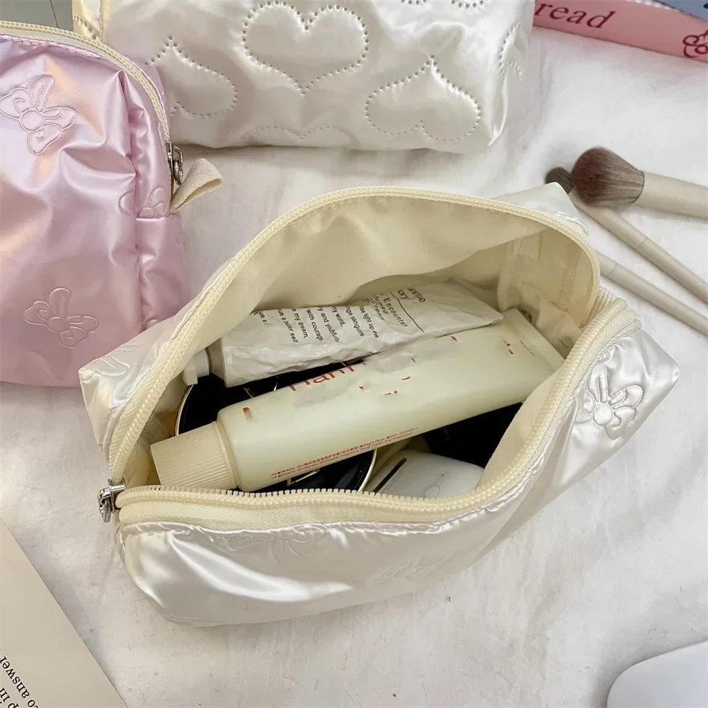 argent coréen matelassé pu amour arc sac cosmétique produits de soins de la peau pochette intérieure multi-fonction maquillage rouge à lèvres sac de rangement h