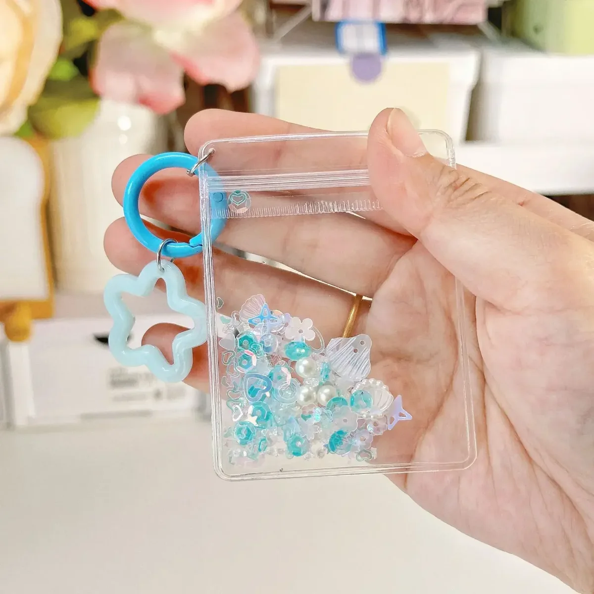 porte-clés mignon et tendance, mini sac de rangement transparent en forme d'étoile à cinq branches pour femme, pendentif pour sac et clés de voiture