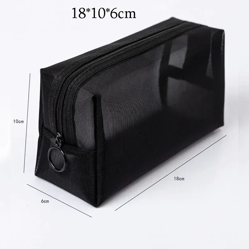 trousse de maquillage en maille noire pour femme, sac à cosmétiques transparent, petits et grands sacs de rangement portables, articles de toilette de voyage, évaluateurs de serviettes