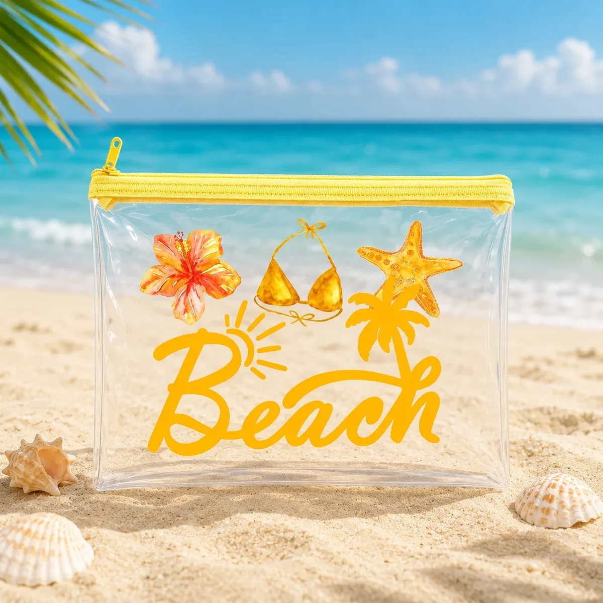 Sac cosmétique transparent en PVC style plage tropicale avec fermeture éclair jaune, trousse de toilette de voyage pour femme, essentiels pour la piscine, les vacances et la natation
