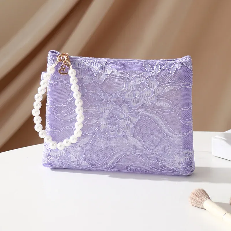 petite trousse de maquillage en dentelle à fleurs avec chaîne de perles, pochette à cosmétiques pour femmes, organisateur de voyage, sac à main portable pour clés de téléphone, porte-monnaie