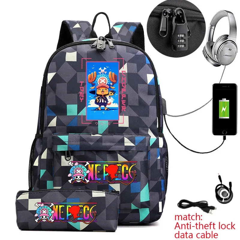 sac à dos antivol pour étudiants avec imprimé tony chopper, avec trousse à crayons, sac à dos décontracté pour garçons, filles et adolescents