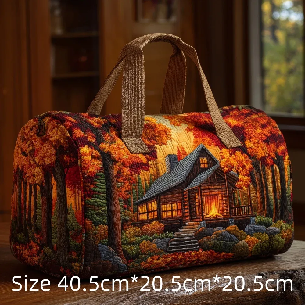 sac de voyage matelassé imprimé en 3d, fourre-tout de week-end, sac de sport, sac à main, motif cabane en montagne et forêt d'automne, paysage naturel vintage, pour femmes et hommes