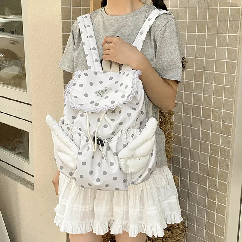 sac à dos mignon à pois avec ailes d'ange, sac à dos à cordon en dentelle, sac d'école kawaii, sac à dos de voyage décontracté, sac à bandoulière tendance