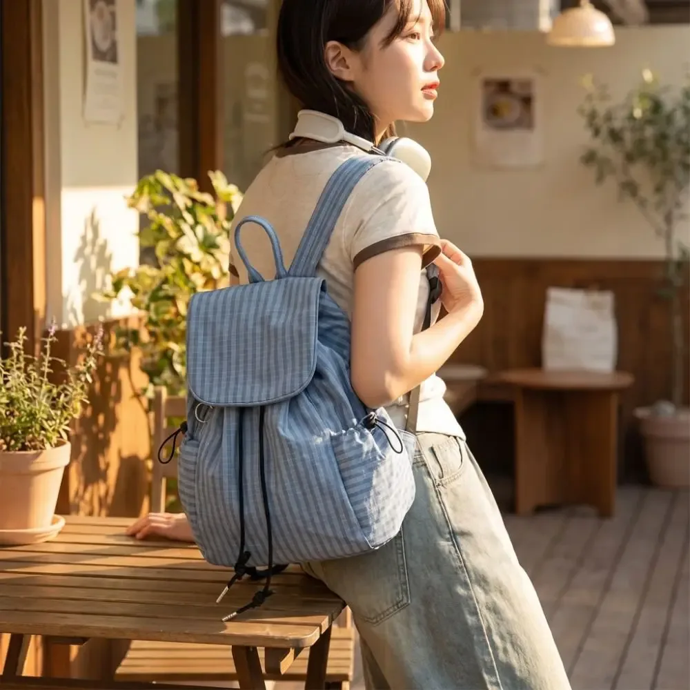 sacs à dos simples de couleur unie avec cordon de serrage, sacs à bandoulière coréens en toile plissée, sacs à dos décontractés légers en nylon à carreaux, unisexe