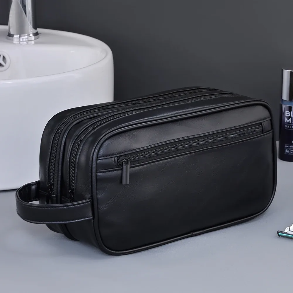 trousse de toilette double couche pour hommes, en cuir pu, organisateur de lavage de voyage, kit dopp, sac à cosmétiques de rasage résistant à l'eau, strorage