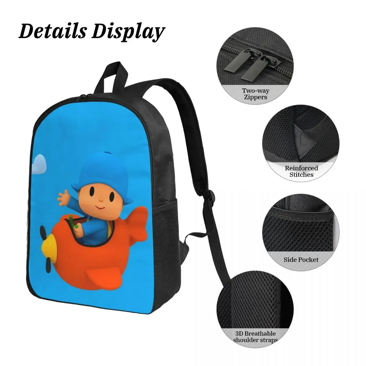 sac à dos bleu pocoyo pour enfants, sac à livres pour étudiants, sac d'école, sacs à bandoulière pour ordinateur, 3 pièces, sac à déjeuner isotherme, trousse à crayons