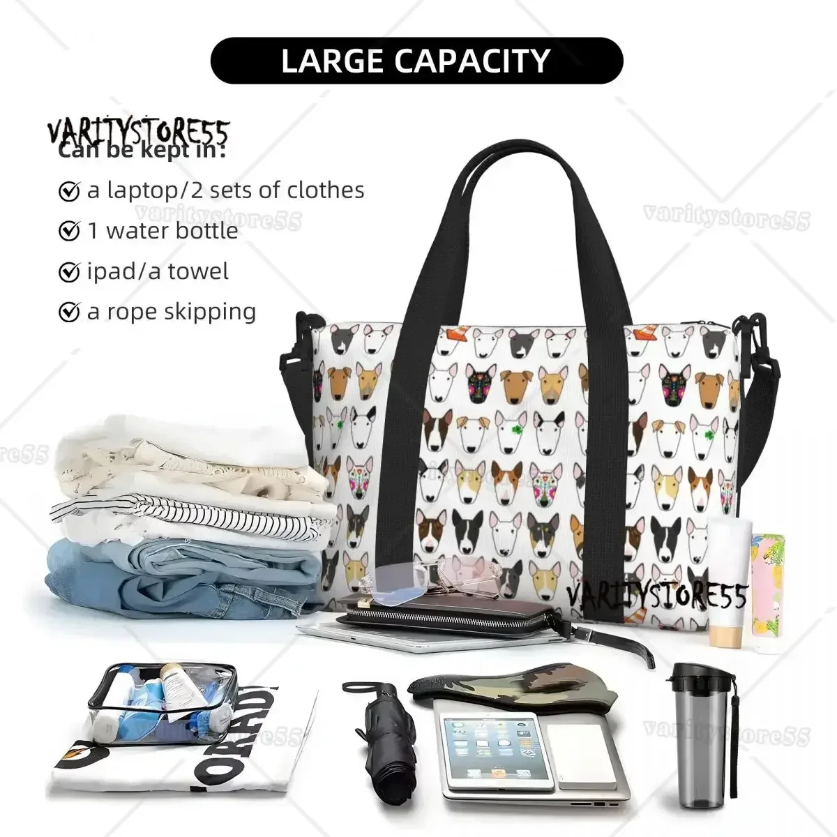 sac fourre-tout personnalisé à motif répété de chien bull terrier pour femmes, sac de voyage à bandoulière de grande capacité pour animaux de plage et de gymnastique