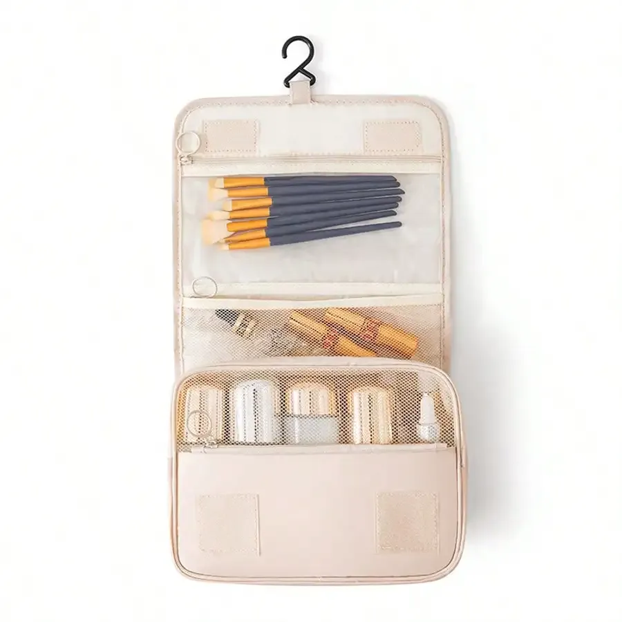 trousse de toilette de voyage de style coréen, trousse de maquillage, sac à crochet, sac de rangement multifonctionnel universel de grande capacité avec séparation sec/humide.