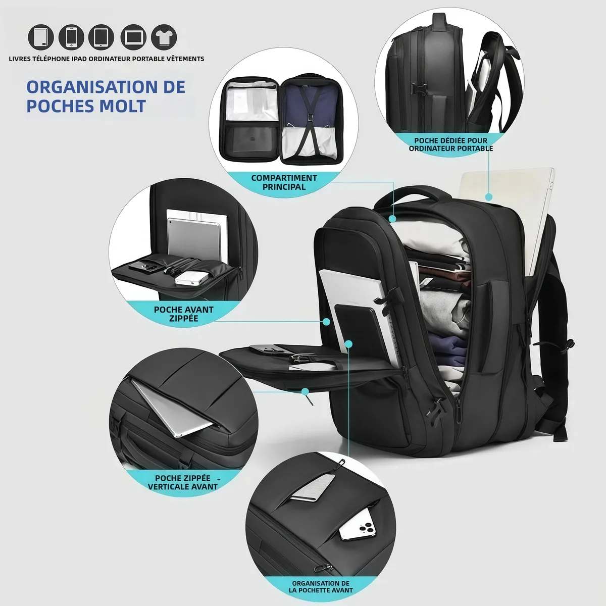 sac a dos compression vide expansible 20l a 35l etanche oxford enduit tpu polyester anti-rayures voyage ordinateur homme affaires randonnee scolaire daypack poche separation humide sec bretelles 15.6 pouces noir