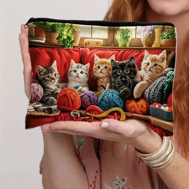 1 pièce, jolie pochette multifonctionnelle à fermeture éclair, sac de maquillage mignon en forme de chat pour femmes, sac de rangement pour bijoux, petit sac de voyage.