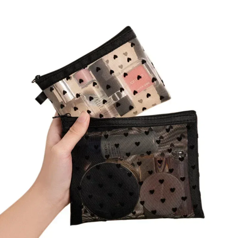 sacs à cosmétiques transparents en maille, 1 pièce, petit grand sac de maquillage noir pour femmes, organisateur de toilette de voyage, pochette de rangement de rouge à lèvres, trousse à crayons