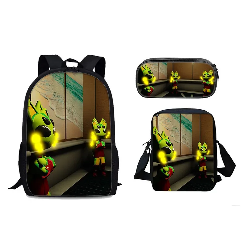 chat vert récupérateur gnarpy trois pièces ensemble sac à dos dessin animé école primaire sac à dos sac à bandoulière trousse à crayons