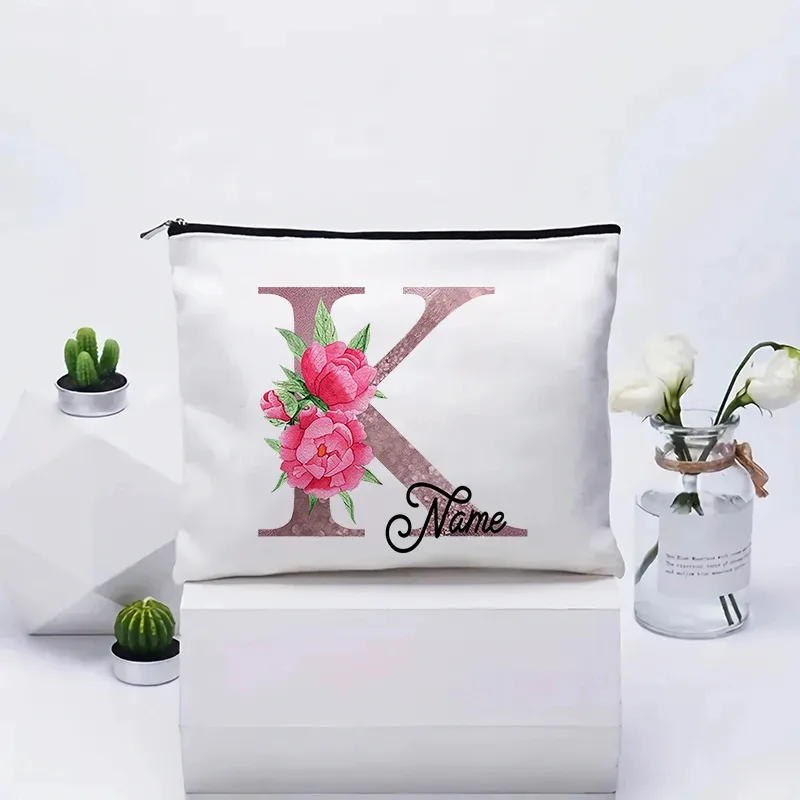 trousse de maquillage personnalisable avec prénom, cadeau de mariage, grande pochette en toile à fermeture éclair, motif floral pivoine, essentiels de voyage, maquillage