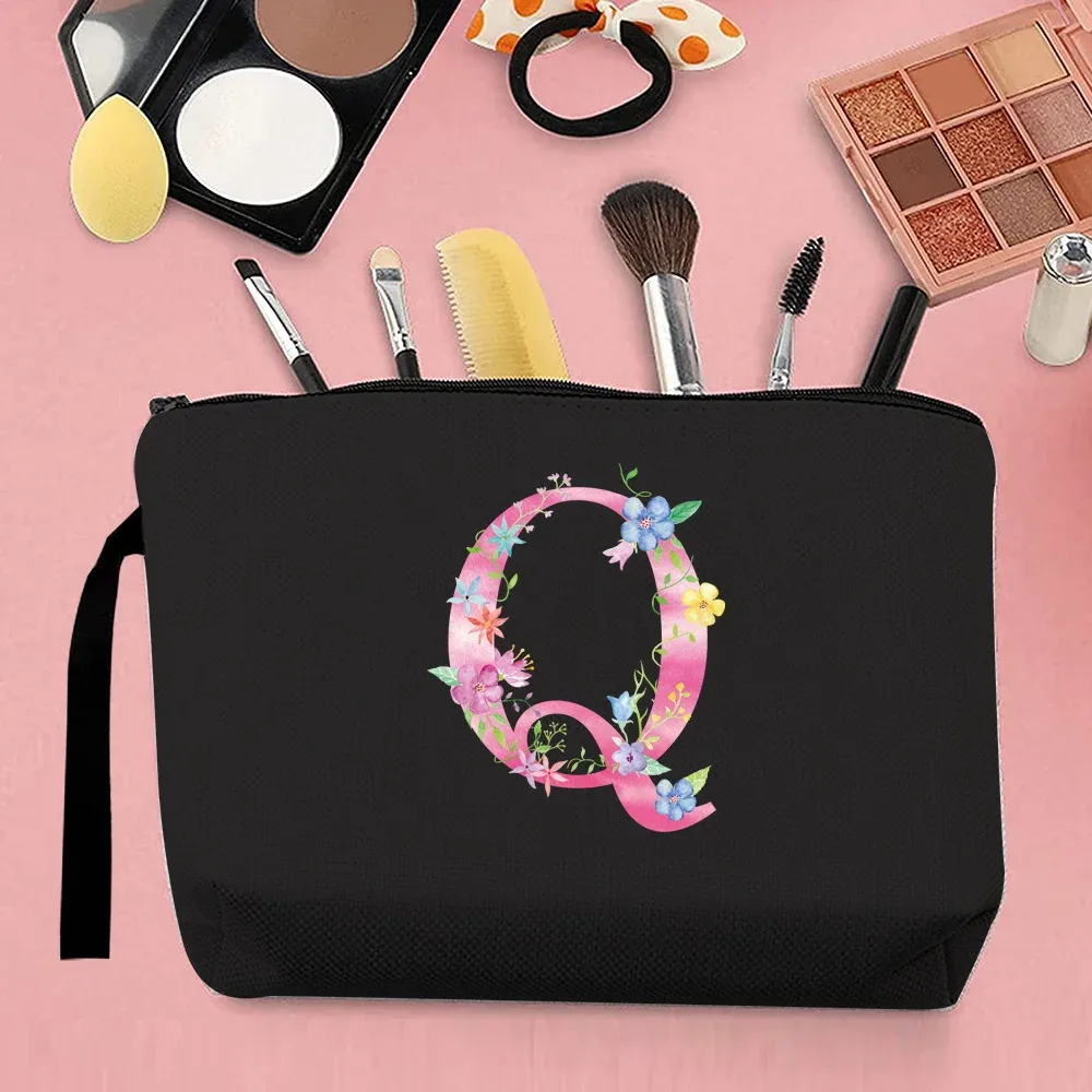 trousse de maquillage pour femmes, trousse de maquillage portable, trousse de maquillage de voyage pratique, sac à main en toile, motif de lettres roses, organisateur de bijoux