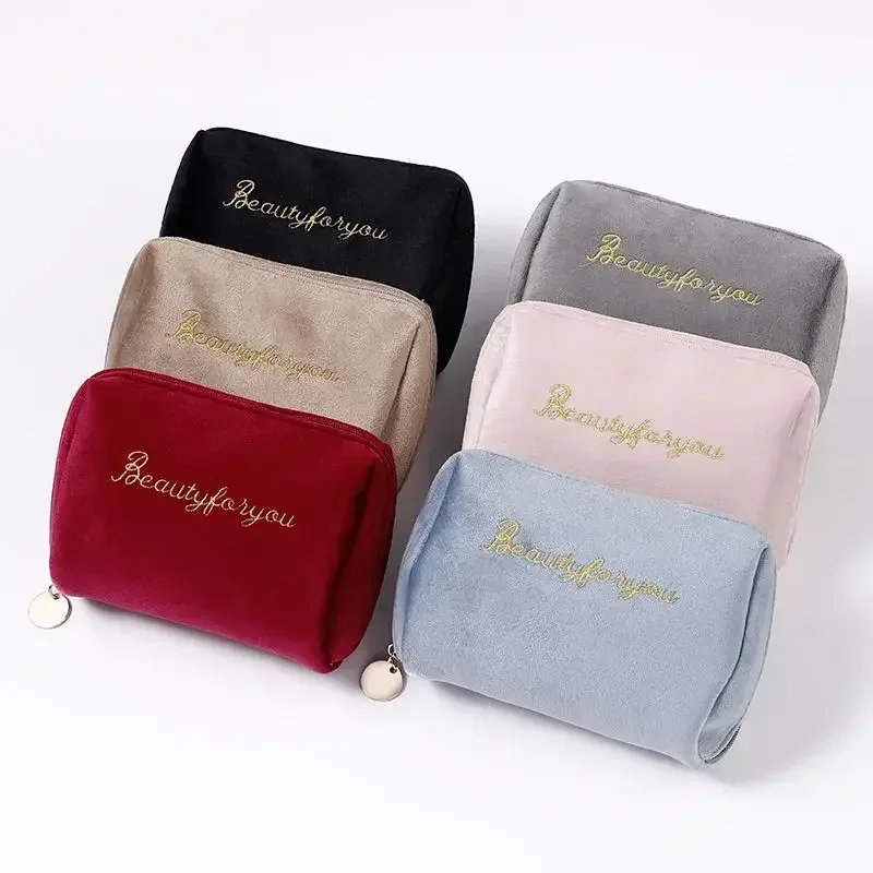 trousse de maquillage en velours avec fermeture éclair pour femme, trousses de toilette, broderie de lettres, poudres cosmétiques, monochromatique, femme