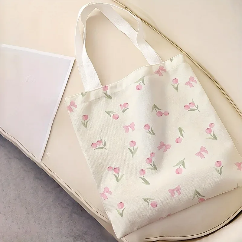 sac à main décontracté imprimé tulipe, sac à dos réutilisable à la mode, sac à main multifonctionnel, sac de shopping en toile