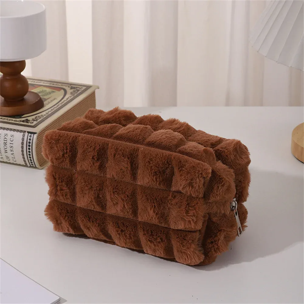 trousse de maquillage en peluche pour femme, sac de rangement cosmétique, rouge à lèvres, brosse, sacs à main chimevalupowers, grande capacité, trousse à crayons