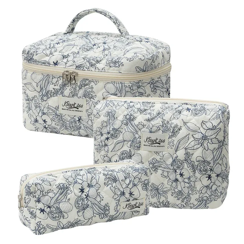 trousse de maquillage matelassurera en coton pour femme, trousse de toilette portable pour fille, sac à main à fermeture éclair pour femme, trousse cosmétique, évaluation, gril, 3 pièces