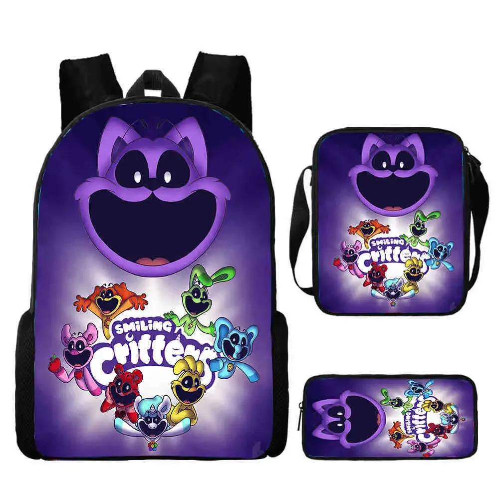 ensemble de sac à dos d'école smiling 3d critters avec sac à crayons, sacs initiés, grande capacité, dessin animé, jeu d'amine, sac à dos pour enfant, 3 pièces