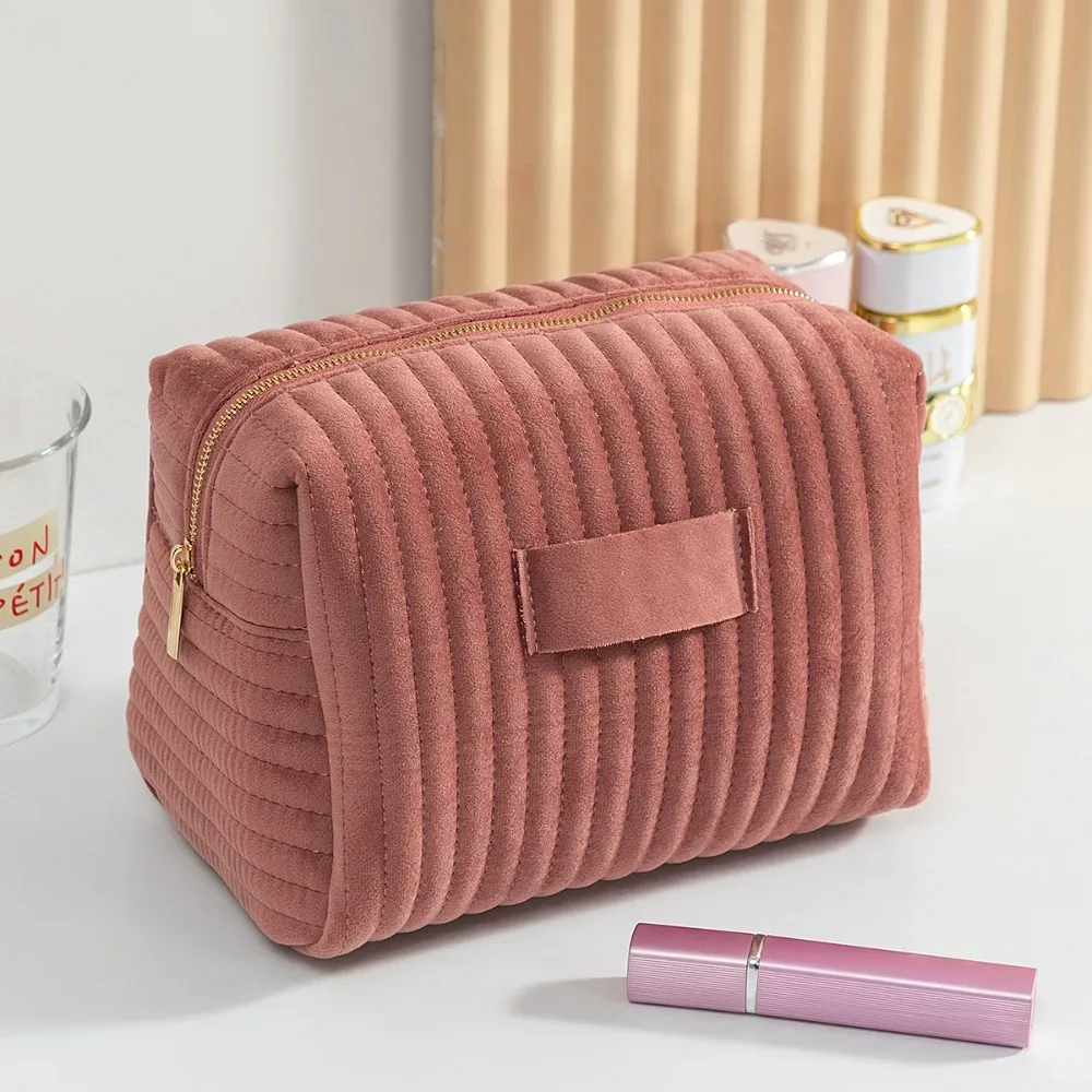sac de maquillage en velours multi-usages, rayé, matelassé, au toucher doux, trousse de toilette grande capacité, sac cosmétique de voyage