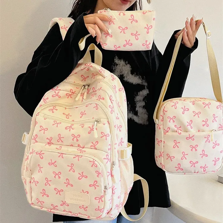 ensemble de 3 sacs à dos mignons avec nœuds, grand sac à dos scolaire, sac à dos de voyage décontracté polyvalent, sac bandoulière pour filles
