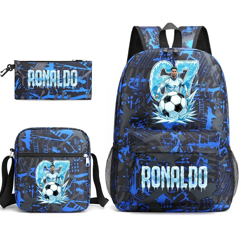 ensemble de sac à dos d'école imprimé cr7 ronaldo 67 avec sac à bandoulière et trousse à crayons pour adolescents et enfants, sac à dos léger