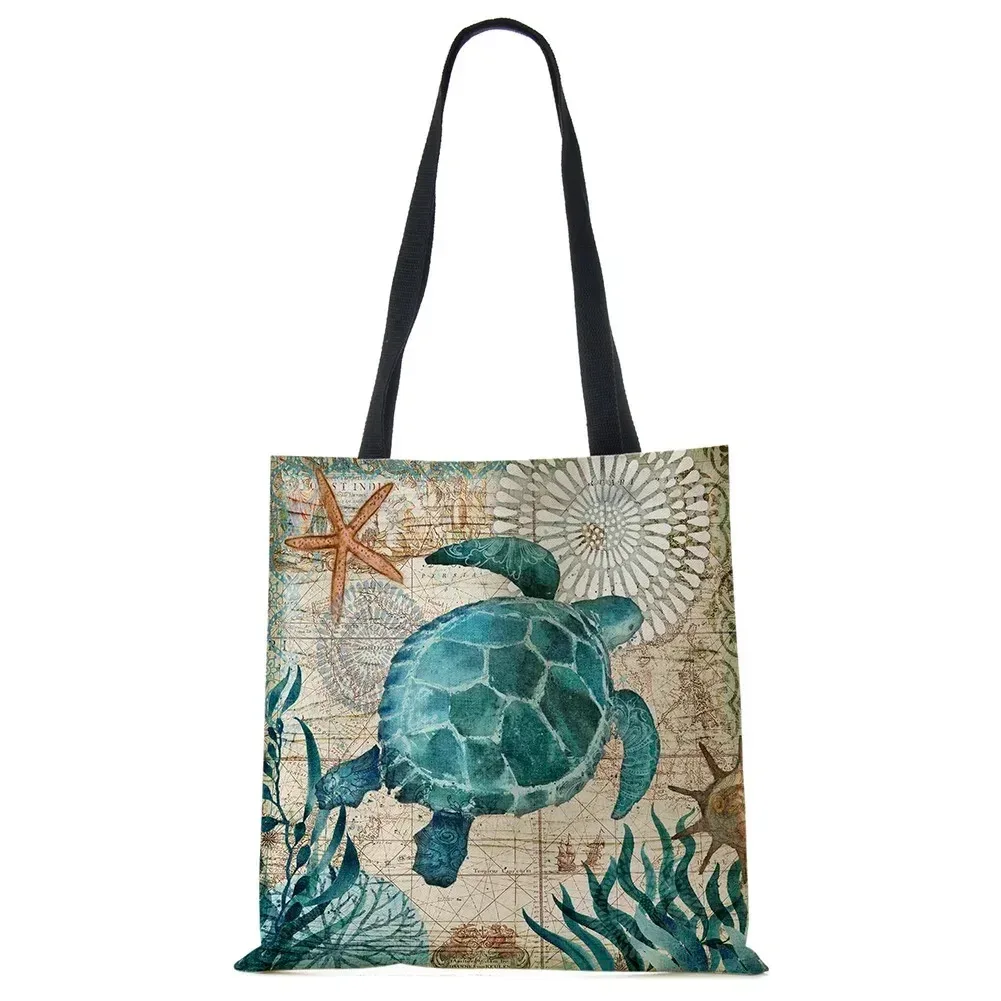 sac fourre-tout de grande capacité imprimé tortue, sacs de voyage initiés, sacs à soupe, sacs à provisions en lin pour femmes avec impression