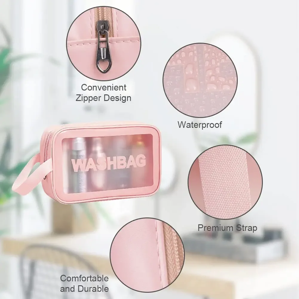 Trousse de Toilette de Voyage Portable en PU Transparent pour Hommes et Femmes, Sac de Maquillage Imperméable avec Fermeture Éclair et Poignée pour l'Aéroport et la Salle de Bain