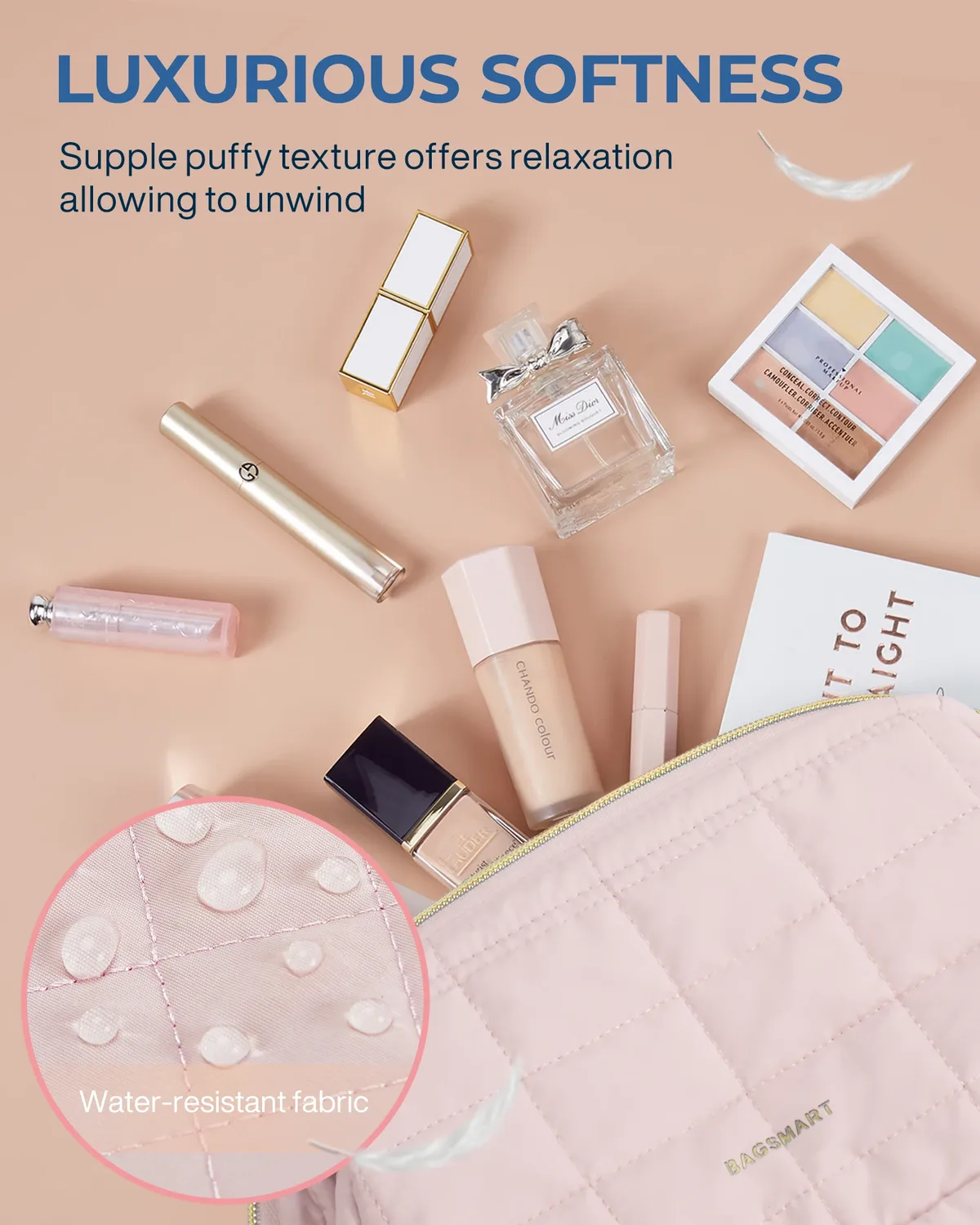 bagsmart-trousse de maquillage gonflée pour femme, trousse de maquillage rembourrée, trousse de maquillage, poudres larges ouvertes, trousse de toilette, essentiels de voyage