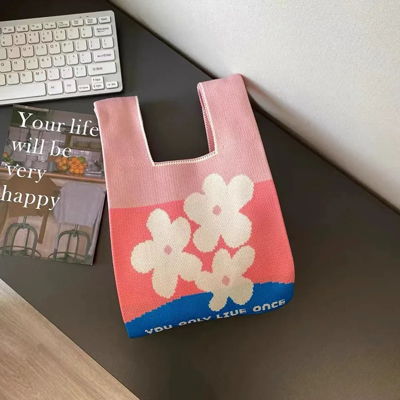 sac à main en tricot fait à la main pour femme, mini sac de poignet à nœud, sac fourre-tout à carreaux à large rayure, sacs à provisions réutilisables pour étudiants, document décontracté japonais
