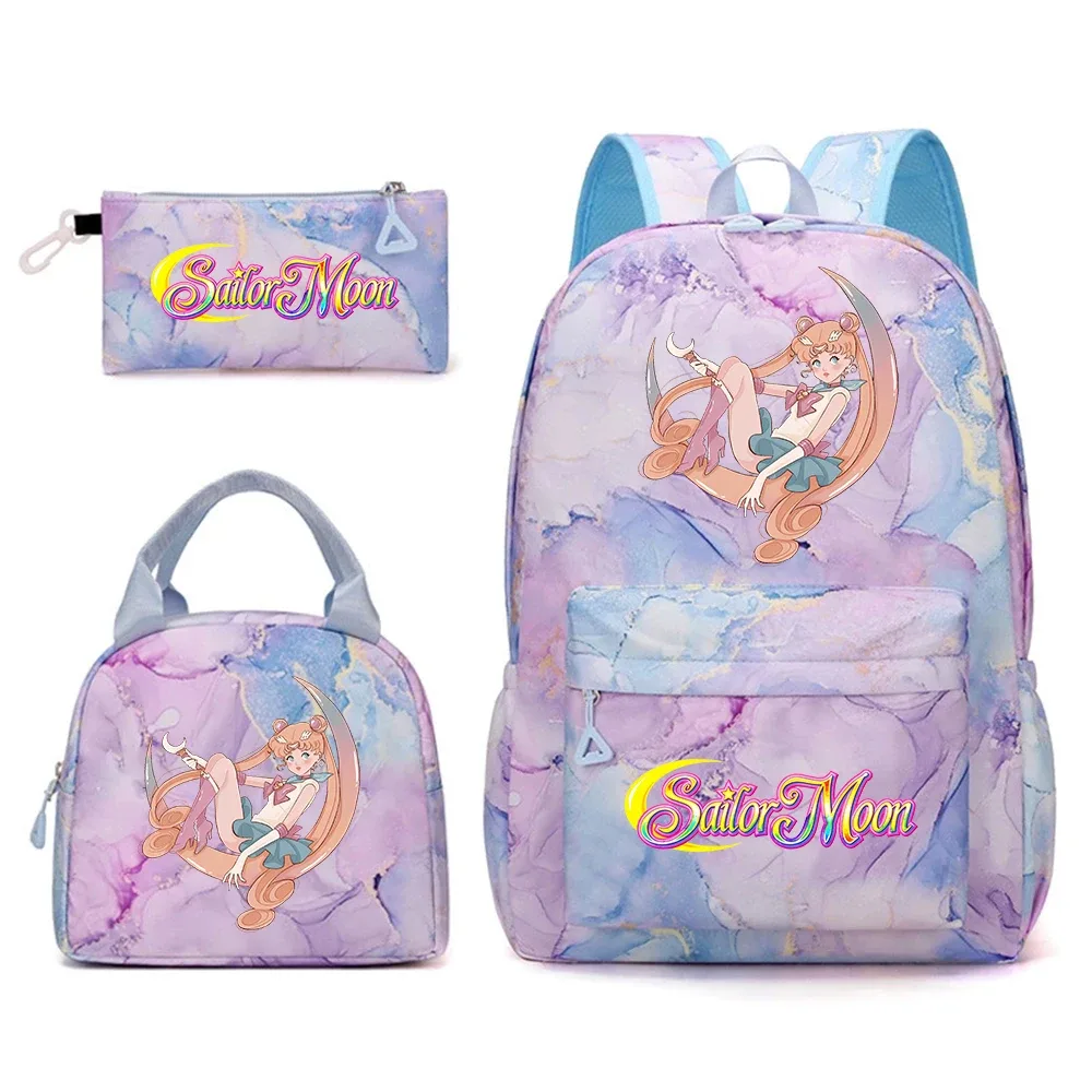ensemble de sacs d'école anime sailor moon 3 en 1, sac à dos, boîte à lunch, trousse à crayons, sac à dos kawaii pour adolescentes, voyage en plein air