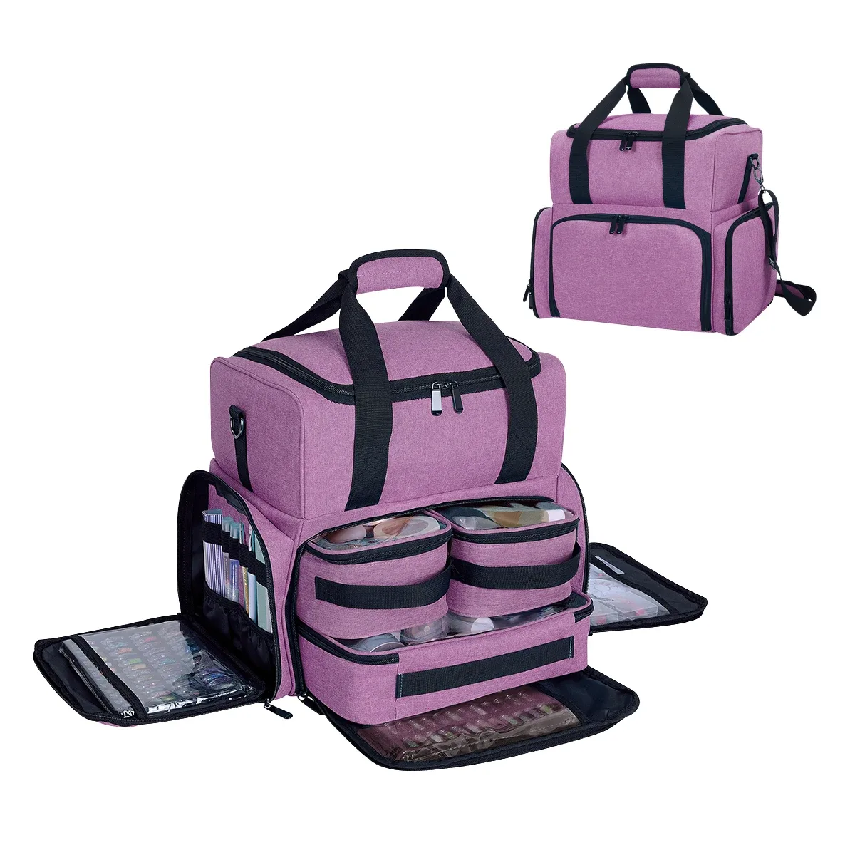 uozl trousse de maquillage double couche de grande capacité avec 3 pochettes amovibles et 2 compartiments amovibles avec bandoulière réglable