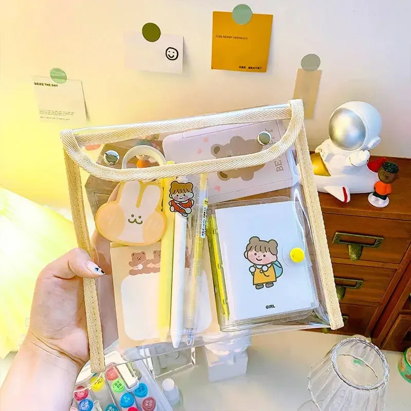 Grand sac à cosmétiques Transparent en PVC Transparent, grand rangement coréen, trousse à crayons pour étudiants, jolie pochette de rangement de papeterie étanche pour Documents
