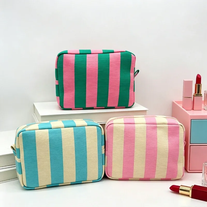 sac de maquillage rayé en forme de boîte pour femmes, sac à cosmétiques portable avec fermeture éclair, organisateur de voyage, pochette de rangement pour articles de toilette féminins