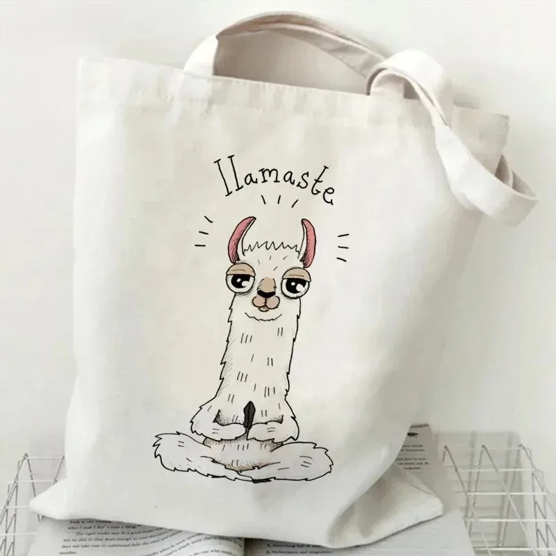 sac à main à motif d'alpaga mignon, imprimé animal de dessin animé, grande capacité, sac de shopping blanc, sac à bandoulière pour femme