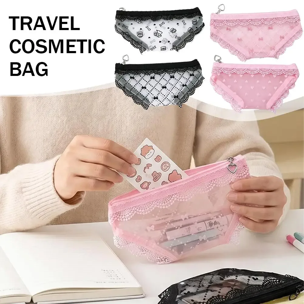 pochette de voyage portable pour cosmétiques, petit sac de rangement, trousse de maquillage légère en forme de slip avec dentelle et fermeture éclair