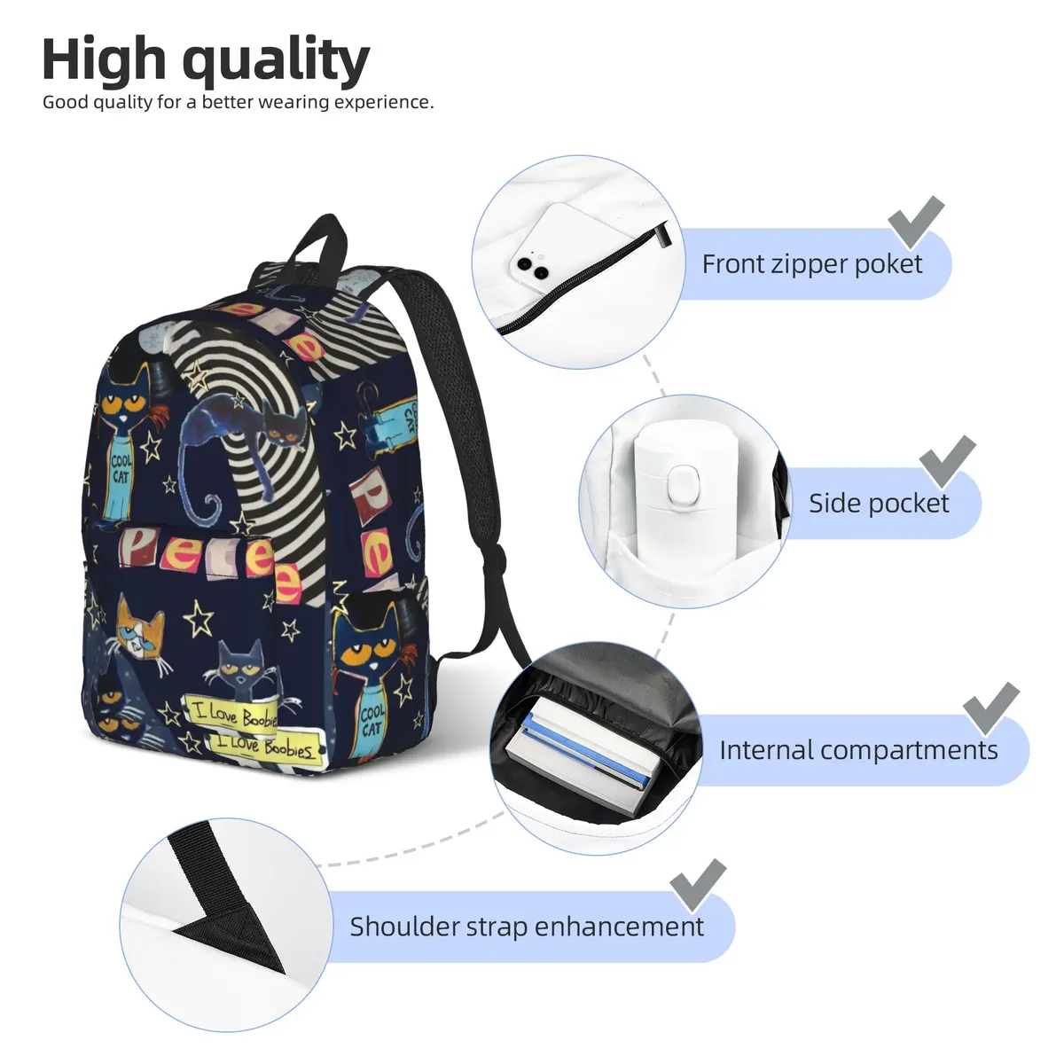 sac à dos cartoon pete the cat pour hommes et femmes, sac à dos de travail pour étudiants, sacs en toile pour l'université, cadeau