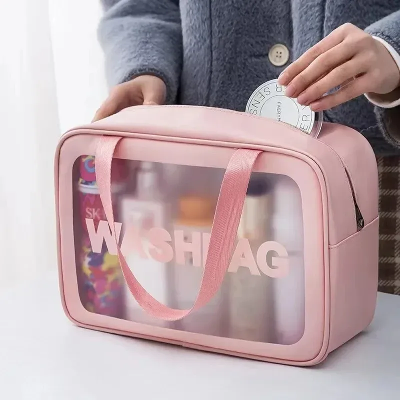 trousse de toilette de voyage grande capacité, transparente, à double compartiment sec/humide, en pu givré, portable, sacs de rangement pour le bain
