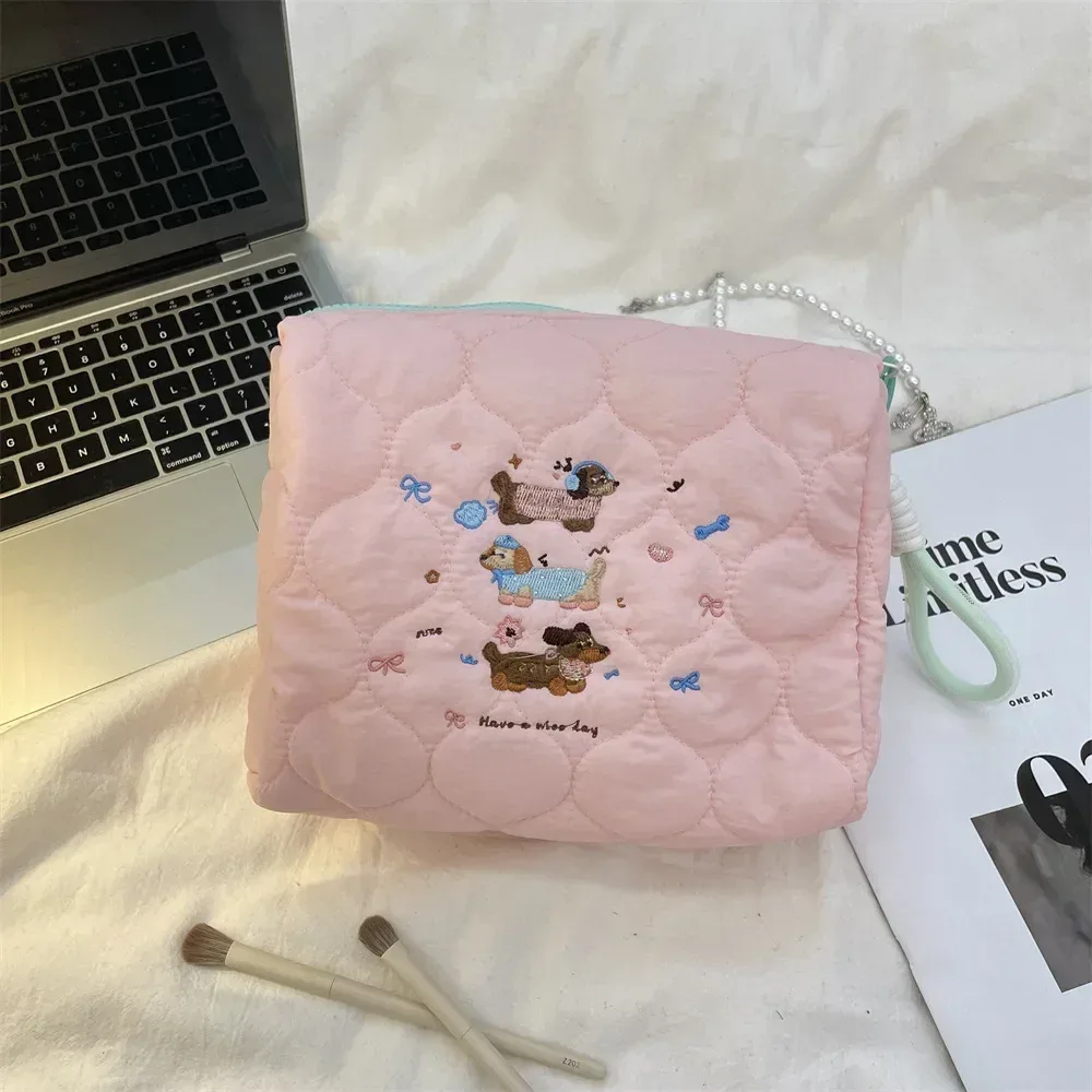 sac à cosmétiques matelassé brodé pour femme, sacs à main de rangement portables pour dame, trousse de maquillage mignonne, pochette avec poignée