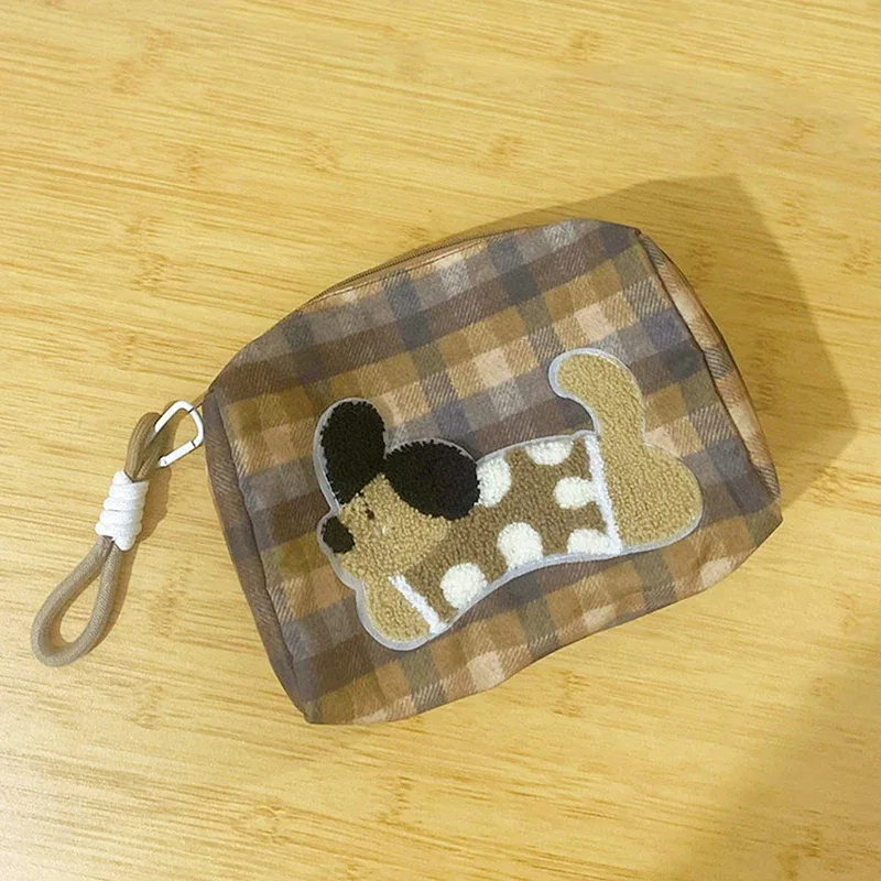 jolis sacs de rangement de maquillage à carreaux pour chiot avec lanière ; cadeaux d'organisation cosmétique de voyage super capacitifs