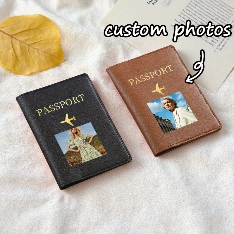 1 porte-passeport personnalisé avec photo de votre animal de compagnie, design avion, emplacements pour cartes. Portefeuille de voyage multicolore, cadeau d'anniversaire pour les amoureux des animaux