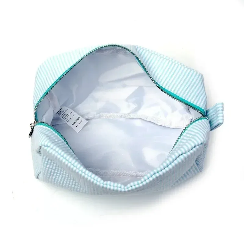 sacs à cosmétiques à volants en seersucker, sacs de rangement à rayures roses/violettes pour femmes, sac de voyage avec fermeture éclair, sac de maquillage